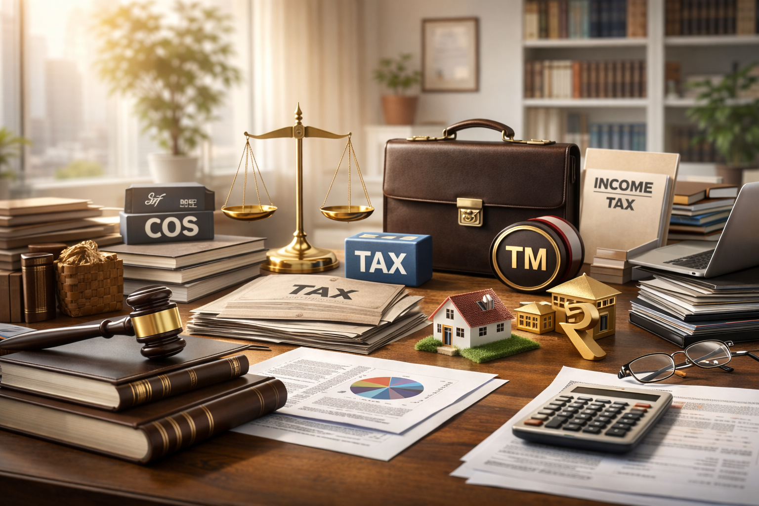 Legal, tax, compliance, and corporate services — professional desk with scales, documents, and tools